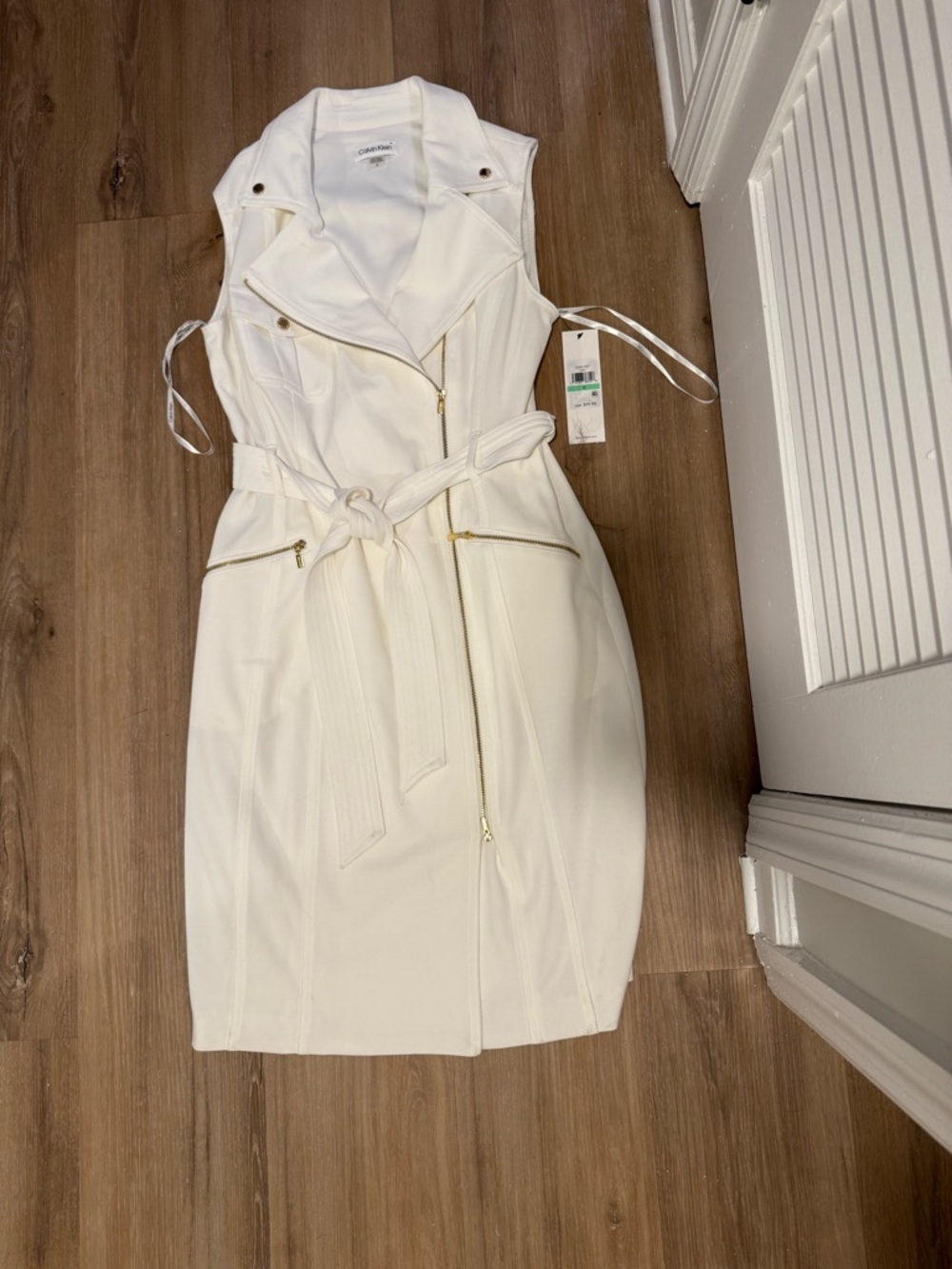 Calvin Klein Cream Sleeveless Zip-Belted Midi Dress
